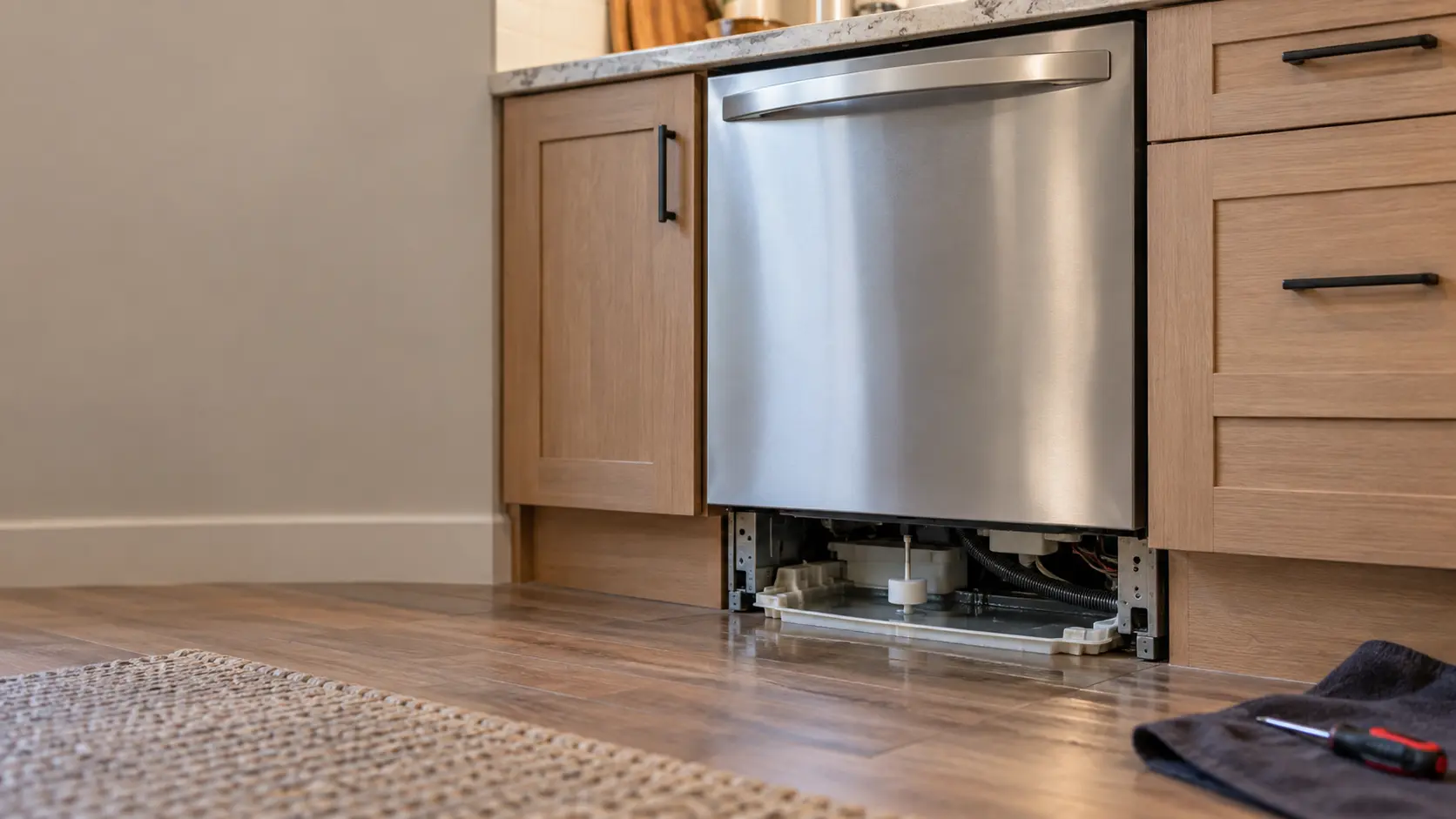 The plastic base pan under a dishwasher with its toe kick removed, a little standing water and a small float inside.
