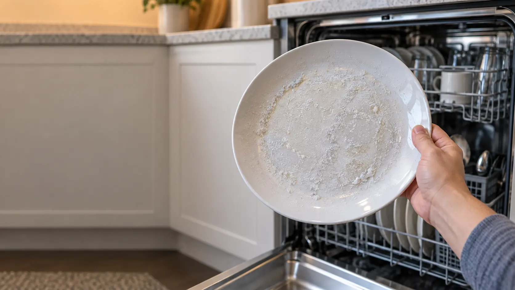 A dinner plate held up beside an open dishwasher, a gritty film left on its surface, seen close.