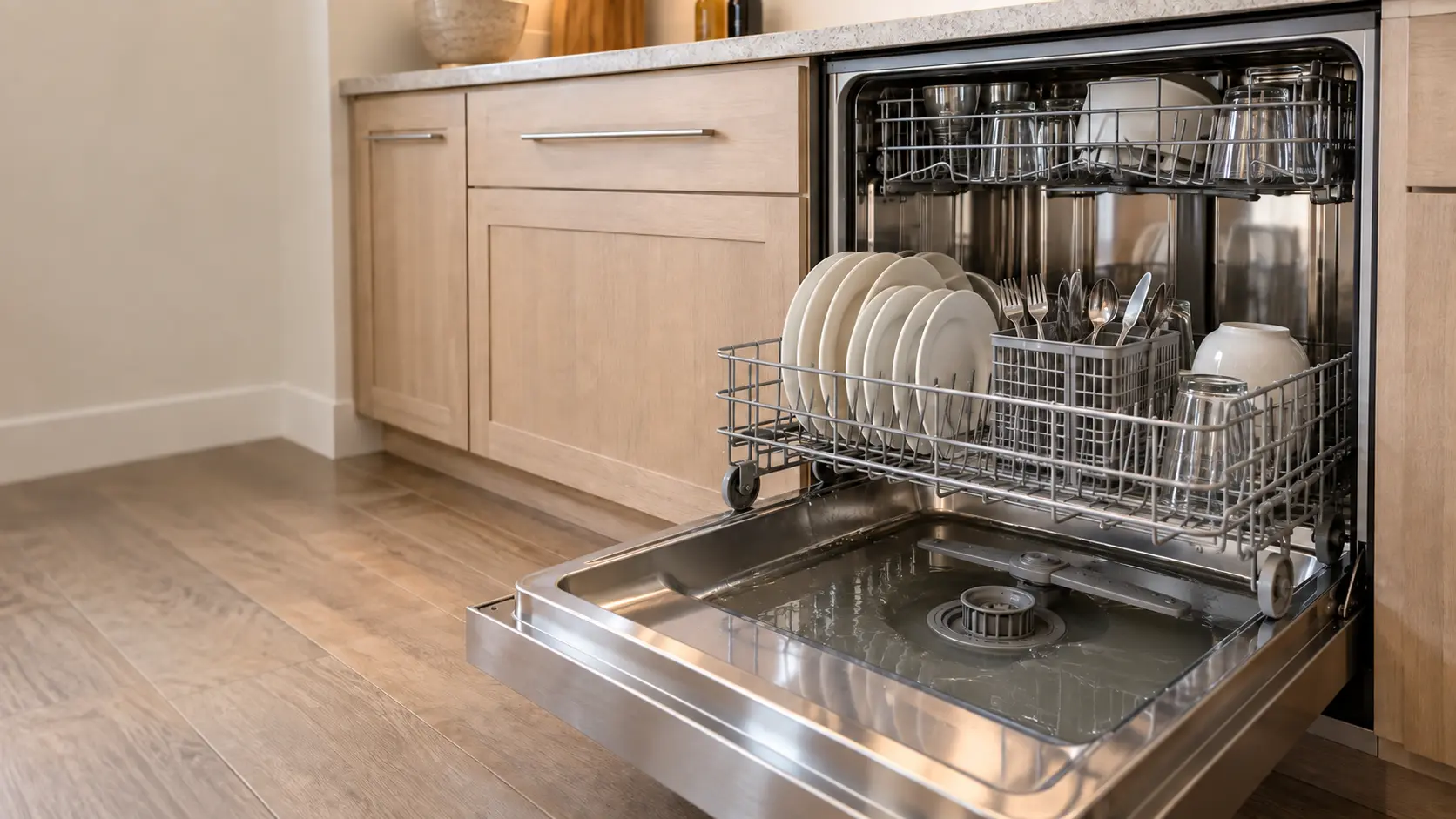 A built-in stainless dishwasher in a US home kitchen with its door open and the lower rack pulled out, a shallow pool of water visible on the tub floor around the filter.