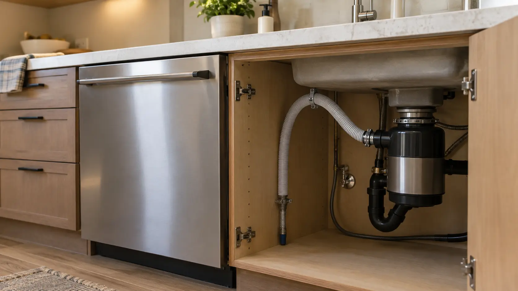 The drain hose looping up under a kitchen sink to the garbage disposal inlet, the cabinet door open.