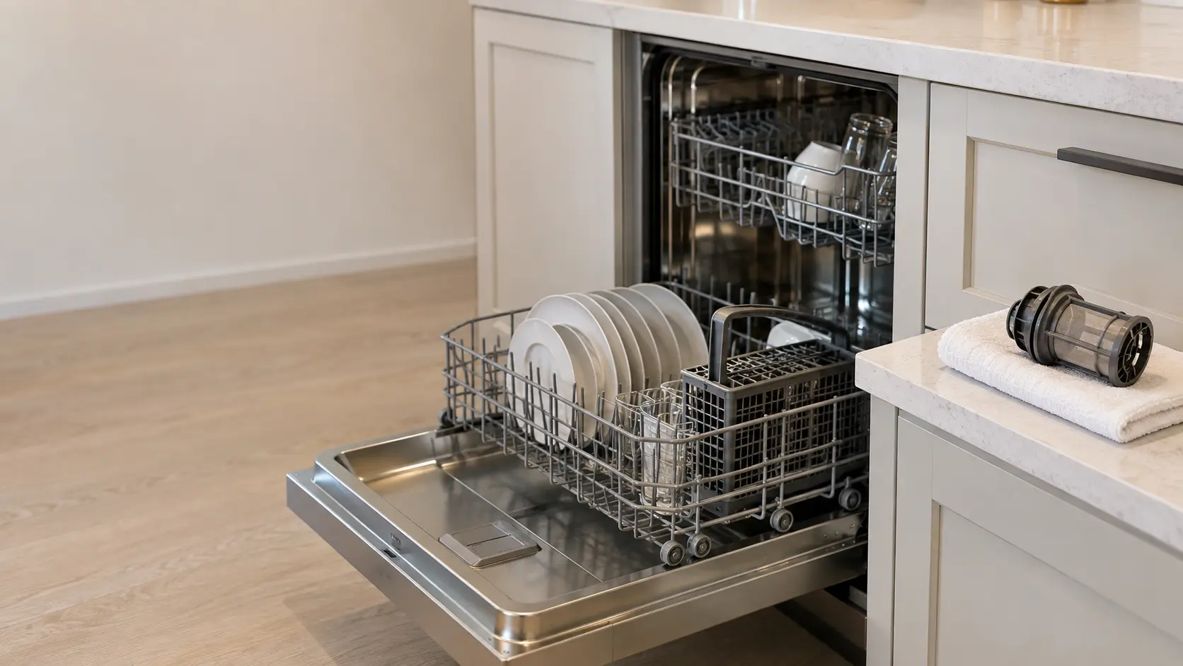 An open dishwasher with the lower rack pulled out and a filter assembly resting on a folded towel beside it.