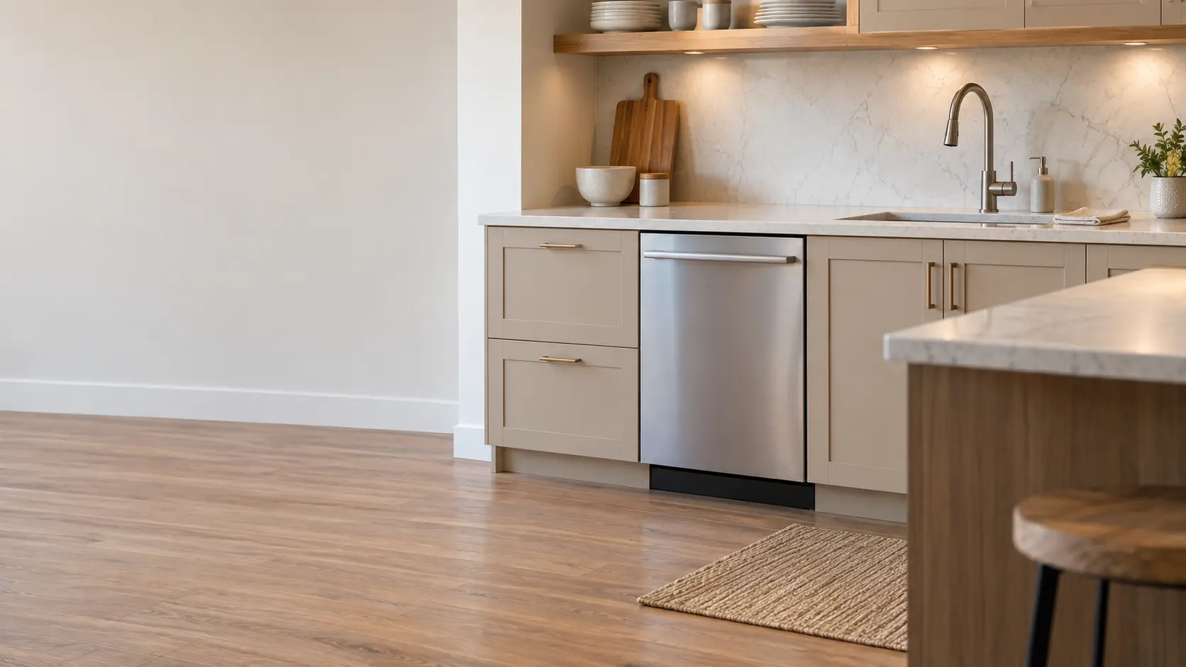 A bright contemporary kitchen with a built-in dishwasher under a long stone worktop, seen from across the room.