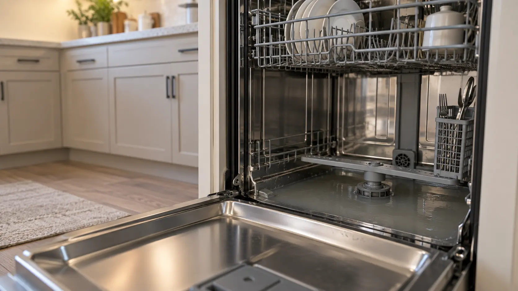 The open door of a dishwasher with a shallow pool of grey water standing in the bottom of the tub.
