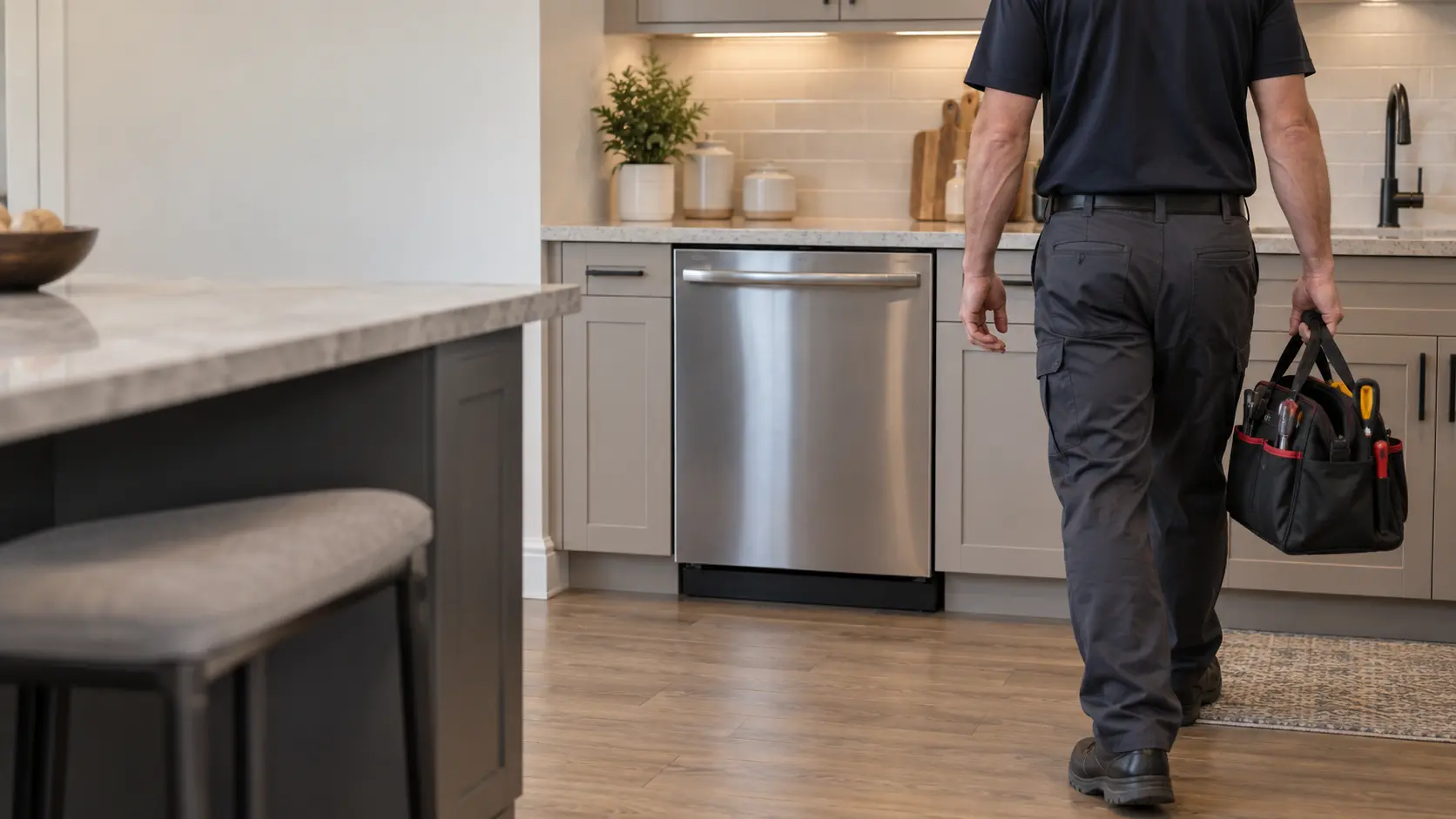 A technician arriving in a kitchen with a tool bag, a closed stainless dishwasher under the worktop, seen from behind.