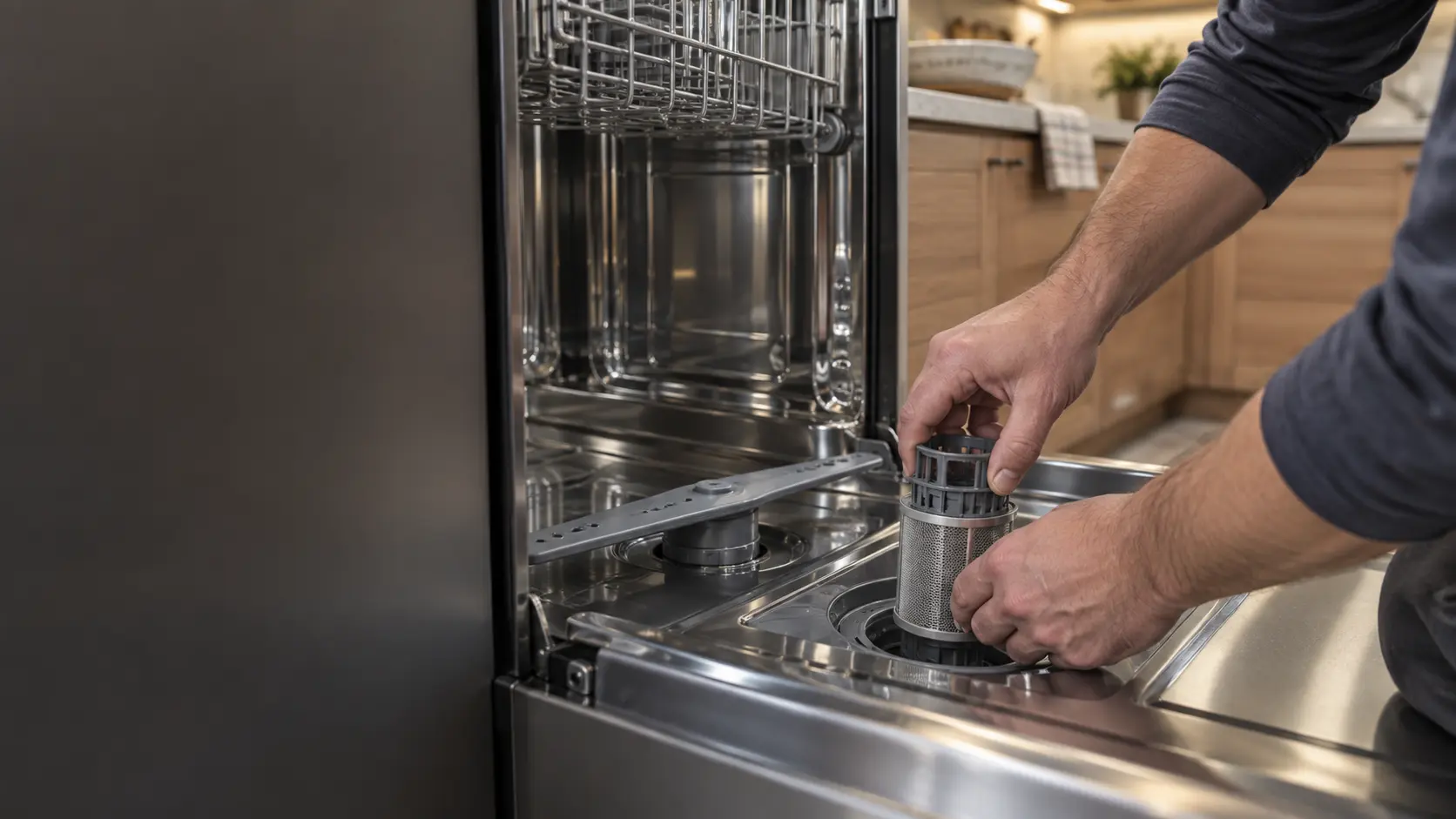 A technician's hands refitting the cylindrical filter into the floor of a dishwasher tub.