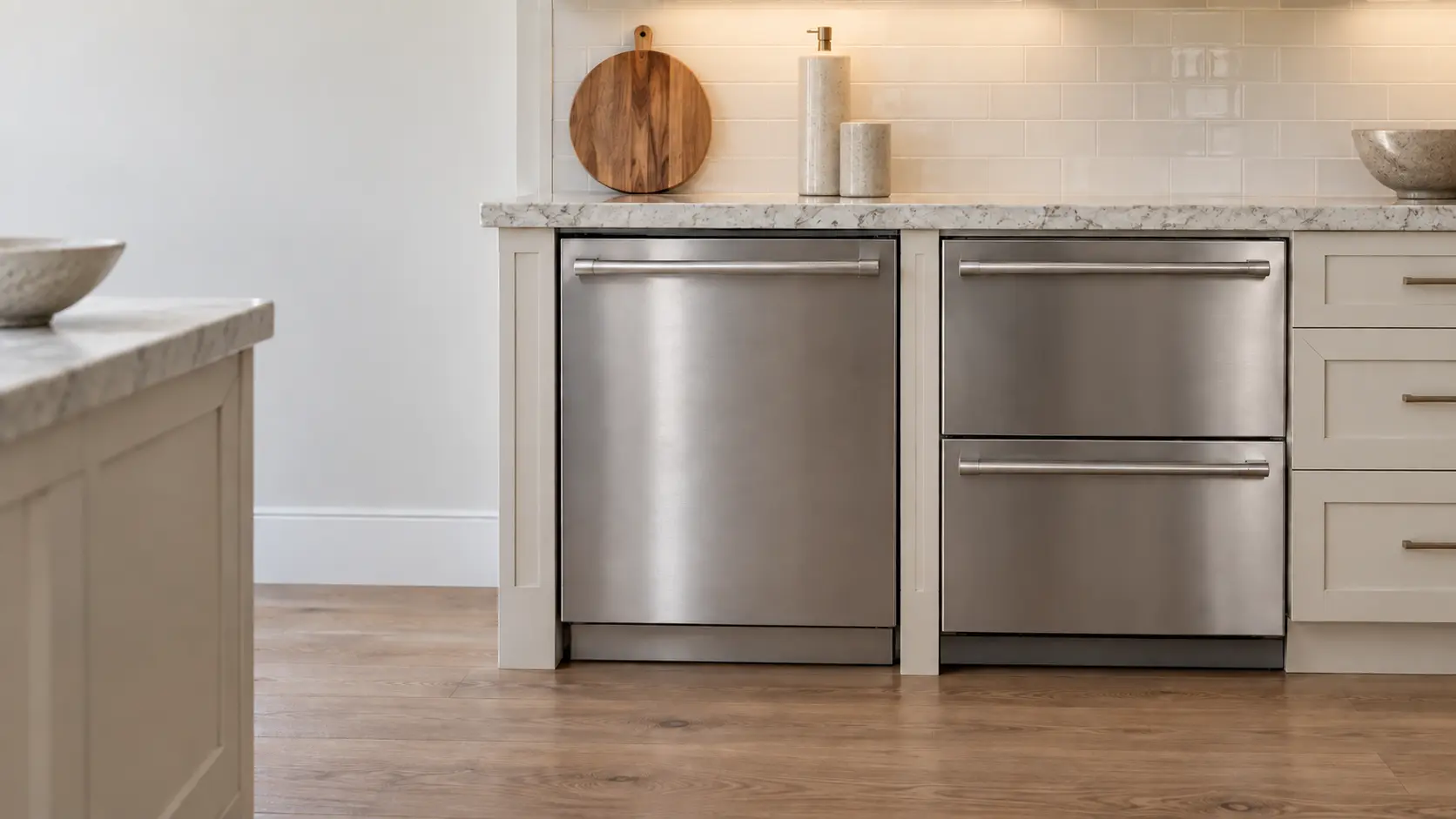 A kitchen run showing a stainless built-in dishwasher beside a double dish drawer, both closed, pale cabinetry around them.