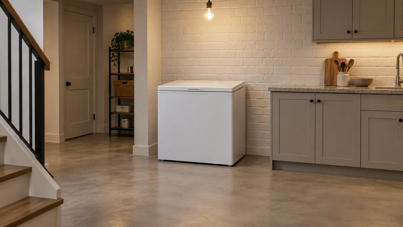 A chest dishwasher standing in a tidy finished basement, painted brick behind it, a stair rail at the edge of the frame and a bare bulb overhead.