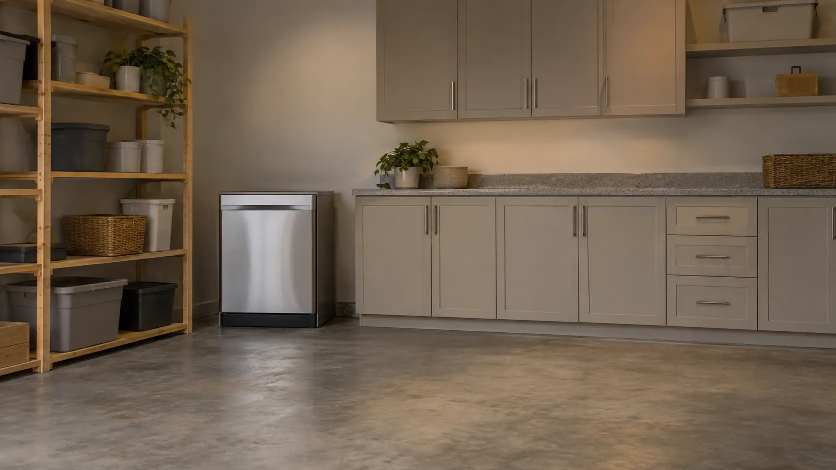 A tidy suburban garage with a concrete floor, shelving along one wall and a second dishwasher standing against it.
